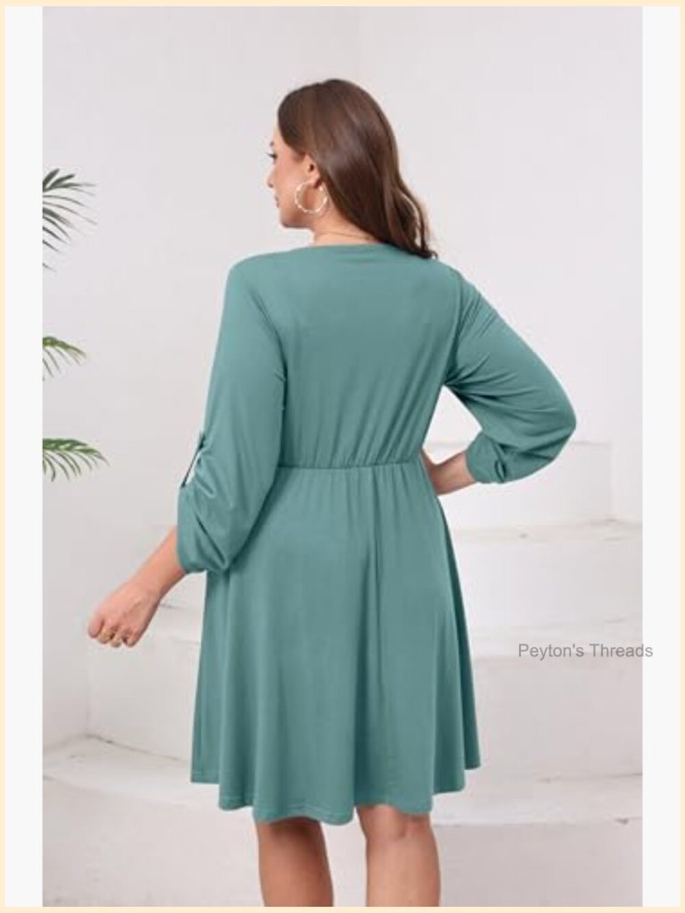 Plus Size Casual Roll Up 3/4 Sleeve V Neck Zipper Tie Waist Flowy Dress with - Picture 3 of 7